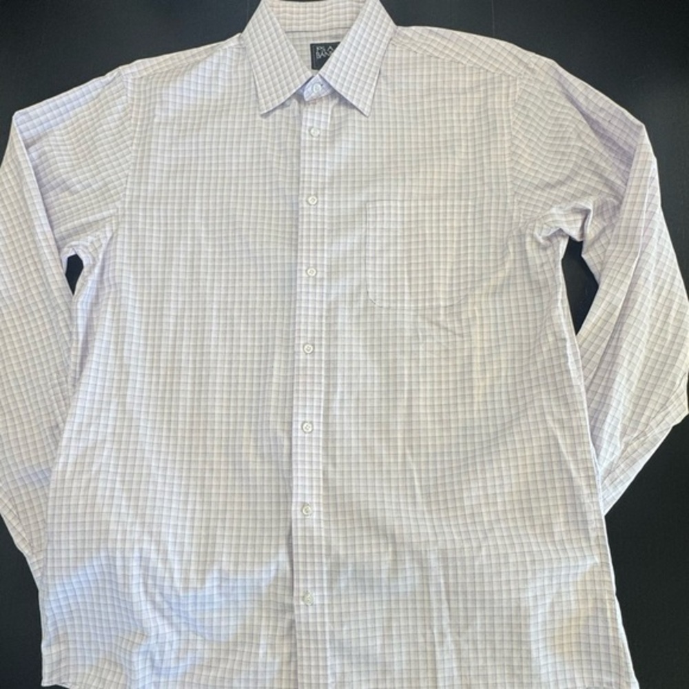 Jos A Bank Traveler Slim Fit Dress Shirt 17-36 Pink Blue Checkered Wrinkle Free